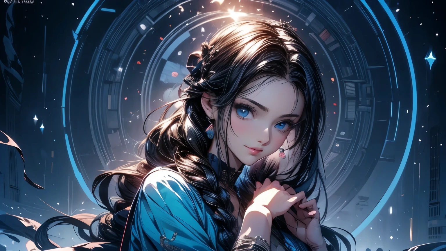 masterpiece、highest quality、High resolution、High-quality images、8k, 1 female、Skin Radiance、Texture of skin and clothing、Expression of fine eyes、Shiny light black hair,Girl with long braided hair, Manga inspired by Lee Jong-suk, Trending on deviantart, realism, detailed manga style, Manga art style, Perfect Line Drawing, Beautiful line art, digital manga art girl, K-POPアイドル, one piece,Large Breasts,Beautiful dark blue eyes, Lips become thicker, Gorgeous face with attention to detail, (Cute Smile), charm, Innocent, Side view, (Perfectly detailed face), (Beautiful Hands) Photorealistic images, Written boundary depth, Princess Hairstyles, Lying on the grass ,Romanticism,