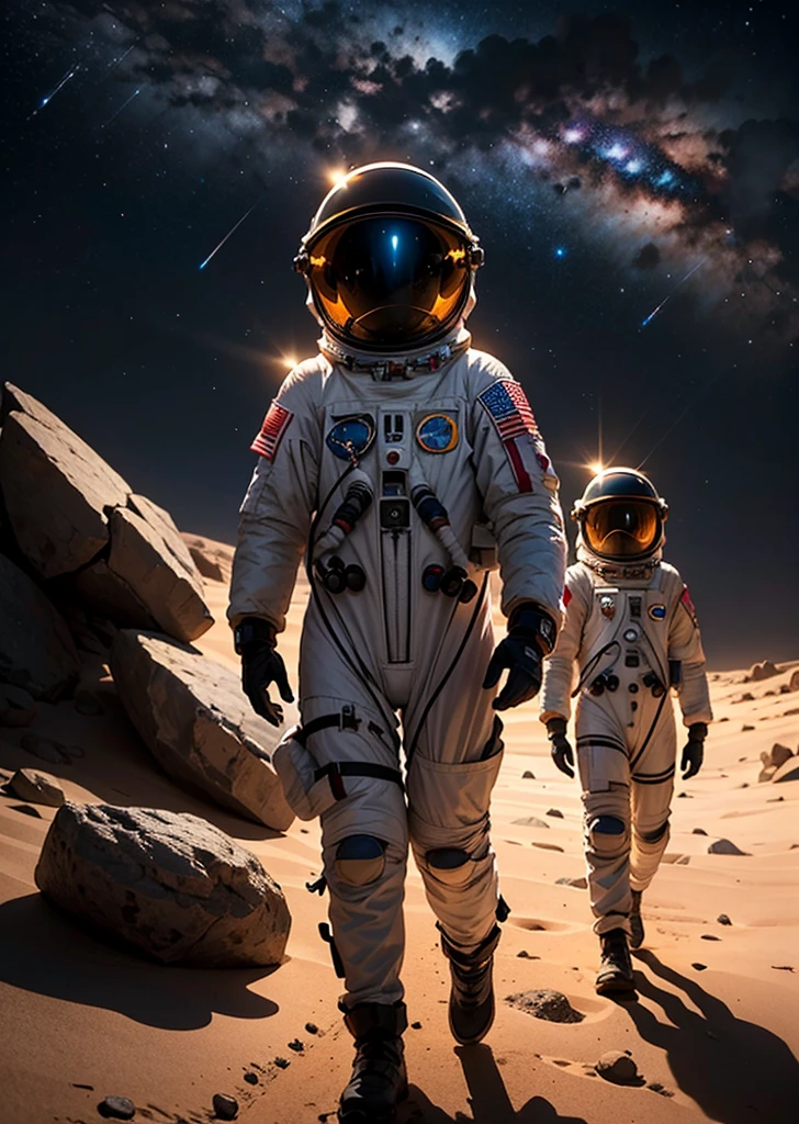 Create a painting depicting three astronauts walking at night on Mars. The scene should have a rocky terrain, with the Martian landscape illuminated by the dim light of distant stars and the astronauts' headlamps. The sky is dark and filled with stars, and the reddish hue of Mars' surface contrasts with the cold, dark night. The astronauts' suits should have reflective details that catch the light, adding a sense of realism and depth to the scene