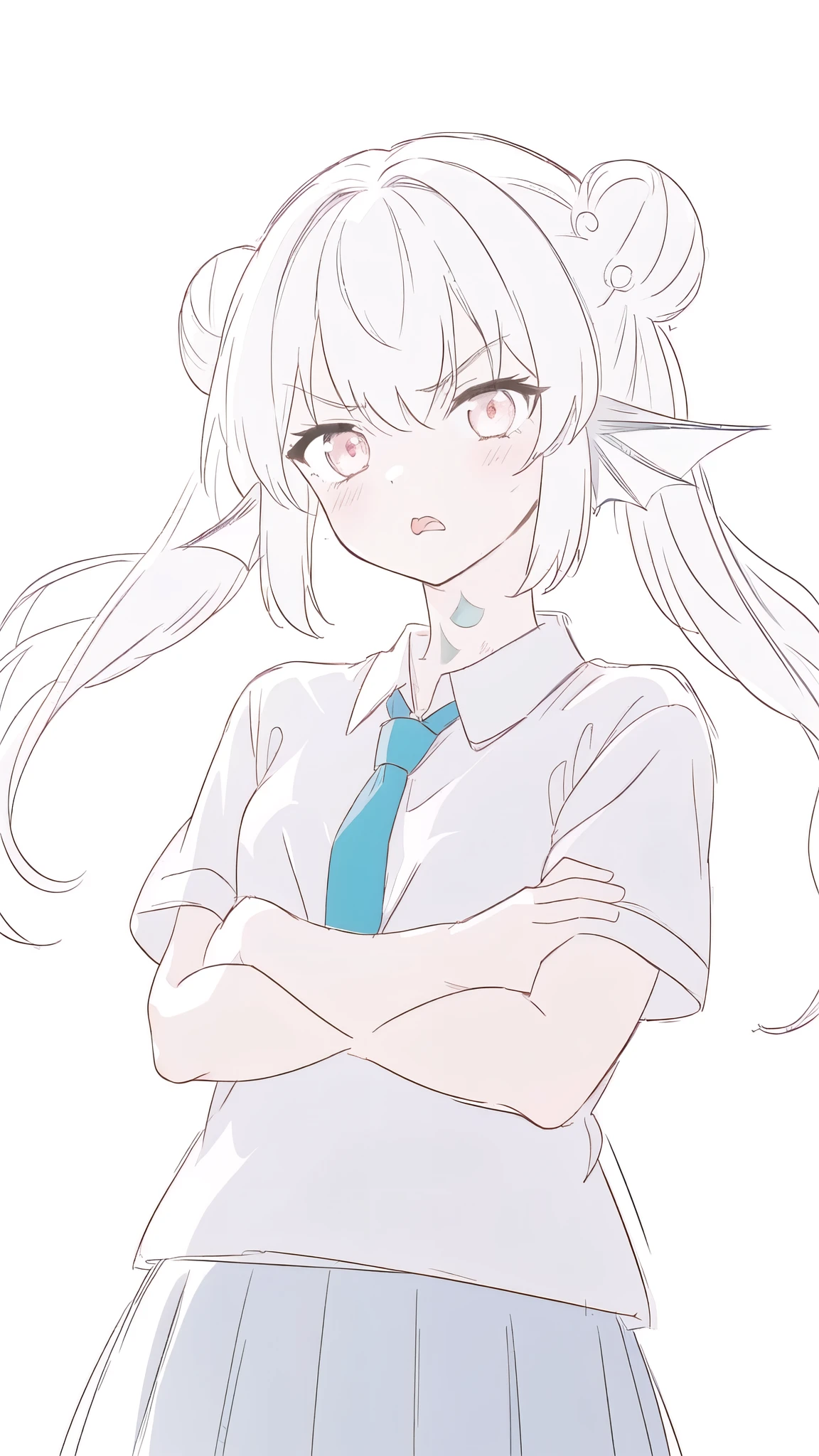 1girl,20 years old,solo,long hair,white hair,finana,twintails,double bun,((white shirt,short sleeves,standart tie,skirt)),(white background,sketch), angry, blush, crossed arms,((looking at view,from front))