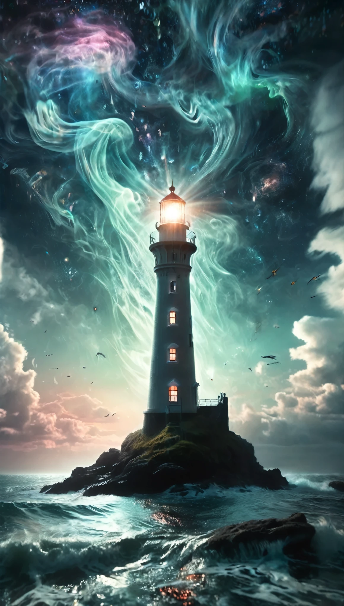 a majestic lighthouse standing amidst a swirling galaxy of neon lights and cosmic clouds. The lighthouse itself is adorned with intricate patterns resembling constellations, casting a brilliant beam of light that merges with the aurora borealis dancing overhead. Surrounding the scene are whimsical creatures inspired by deep-sea bioluminescence, gently floating in the ether like ethereal guardians. The entire composition is bathed in a surreal, otherworldly glow, blending elements of fantasy and cosmic wonder. Ultra realistic photo, 16k vibrant colors