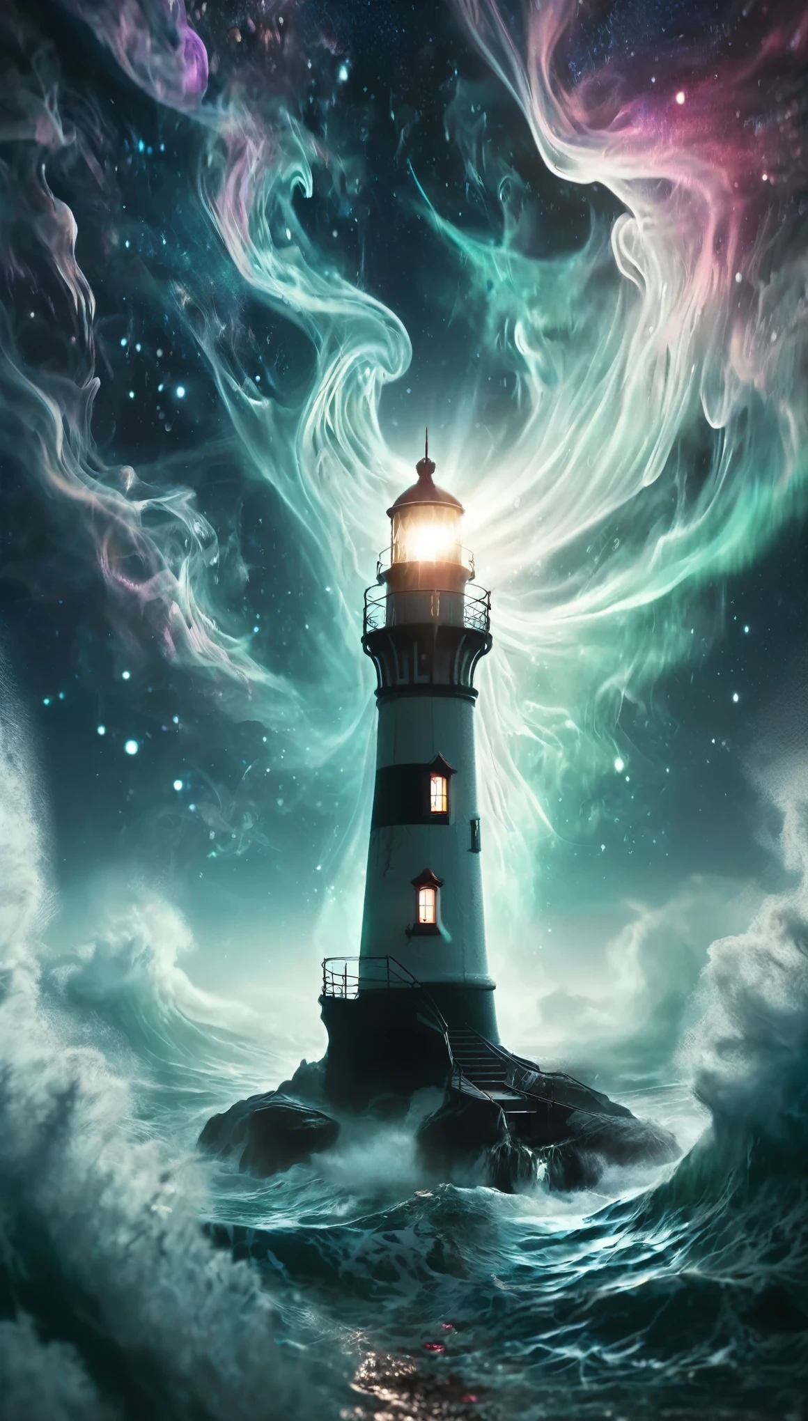 a majestic lighthouse standing amidst a swirling galaxy of neon lights and cosmic clouds. The lighthouse itself is adorned with intricate patterns resembling constellations, casting a brilliant beam of light that merges with the aurora borealis dancing overhead. Surrounding the scene are whimsical creatures inspired by deep-sea bioluminescence, gently floating in the ether like ethereal guardians. The entire composition is bathed in a surreal, otherworldly glow, blending elements of fantasy and cosmic wonder. Ultra realistic photo, 16k vibrant colors