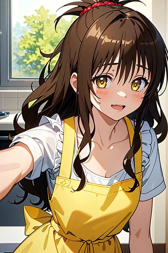 (best quality:1.1), (masterpiece:1.4), (absurdres:1.0), portrait, close up,
1girl, yuuki mikan, brown hair, yellow eyes, hair ornaments, long hair, topknot, wavy hair, small breasts, apron, looking at viewer, kitchen, indoors, happy,
