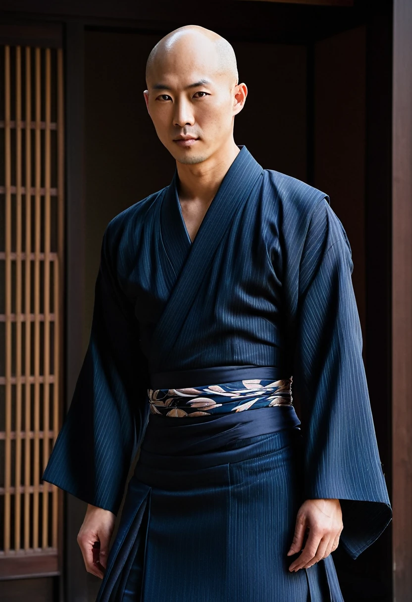 half body picture of a bald japanese model man, wearing an elegant dress, in an elegant local