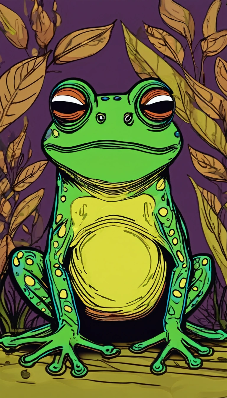 Grumpy Frog, frog drawing, deep colors 