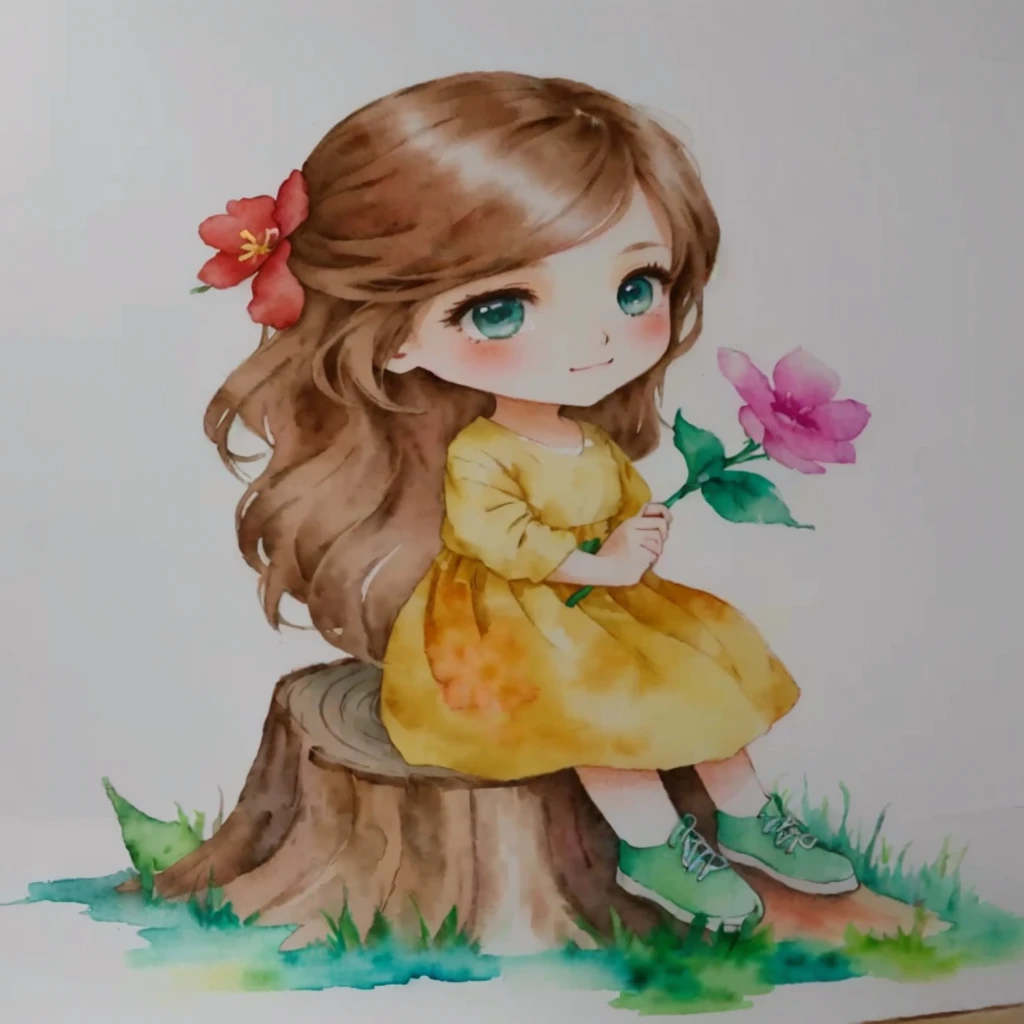 painting of one with a flower sitting on a tree stump, cute art style, realistic painting of beautiful girl, cute drawing, watercolor colored painting, chibi girl, cute portrait, portrait of a beautiful girl, Watercolor painting, beautiful drawing style, watercolor drawing, chibi art, traditional art, cute digital art, cute cartoon character, water color on paper, beautiful painting