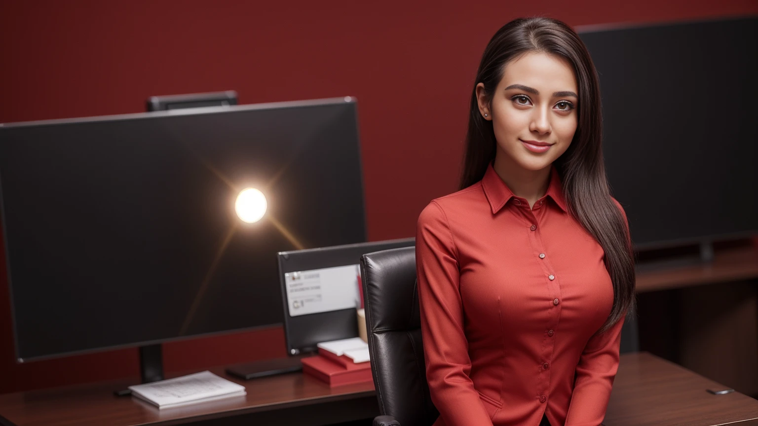 a friendly girl, expressive eyes, full smile, professional attire, office setting, 8k, masterpiece, RAW photo, best quality, photorealistic, extremely detailed CG unity 8k wallpaper, Depth of field, Cinematic Light, Lens Flare, Ray tracing, (extremely beautiful face, beautiful lips, beautiful eyes), intricate detail face, ((ultra detailed skin)), ((1girl:1.9)), ((alone:1.9)), ((19years old)), (big smile;1.4), (beautiful and aesthetic:1.2), deep shadow, (sharp focus), [(((Raiana-Elizabeth-Dilla:1.9)))], pretty girl, (very slim slender fit-muscled body:1.9), (((business-style fashion:1.9))), (((stylish ((red:1.5)) clothes),business-coat)), (((office setting background:1.9))), (shiny skin), clear eyes, (pale skin), ((whole-body-view:1.9)), ((full-body:1.9, cinematic shot)), soft lighting, (flowing dark-black hair), (looking at viewer:1.8), ((beautiful legs:1.2)), highly detailed, ultra realistic, extremely detailed and realistic ((red:1.5)) clothes.