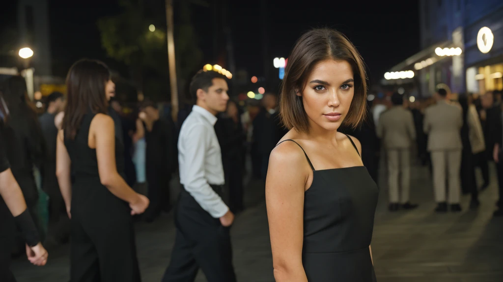 best qualityer, ultra photoreal, fotorrealism, 8K, fot, photo of a young girl, new, , short, windswept light brown hair, adjusting, comely, (effeminate), (disintegrates), eyeliner, standing on the catwalk, The background is a busy street, bokeh, Raby, humid, Clouded, Artificial lights, detailed face and eyes, highly detailed skin, 8K uhd, sharp focus, proffesional, best qualityer