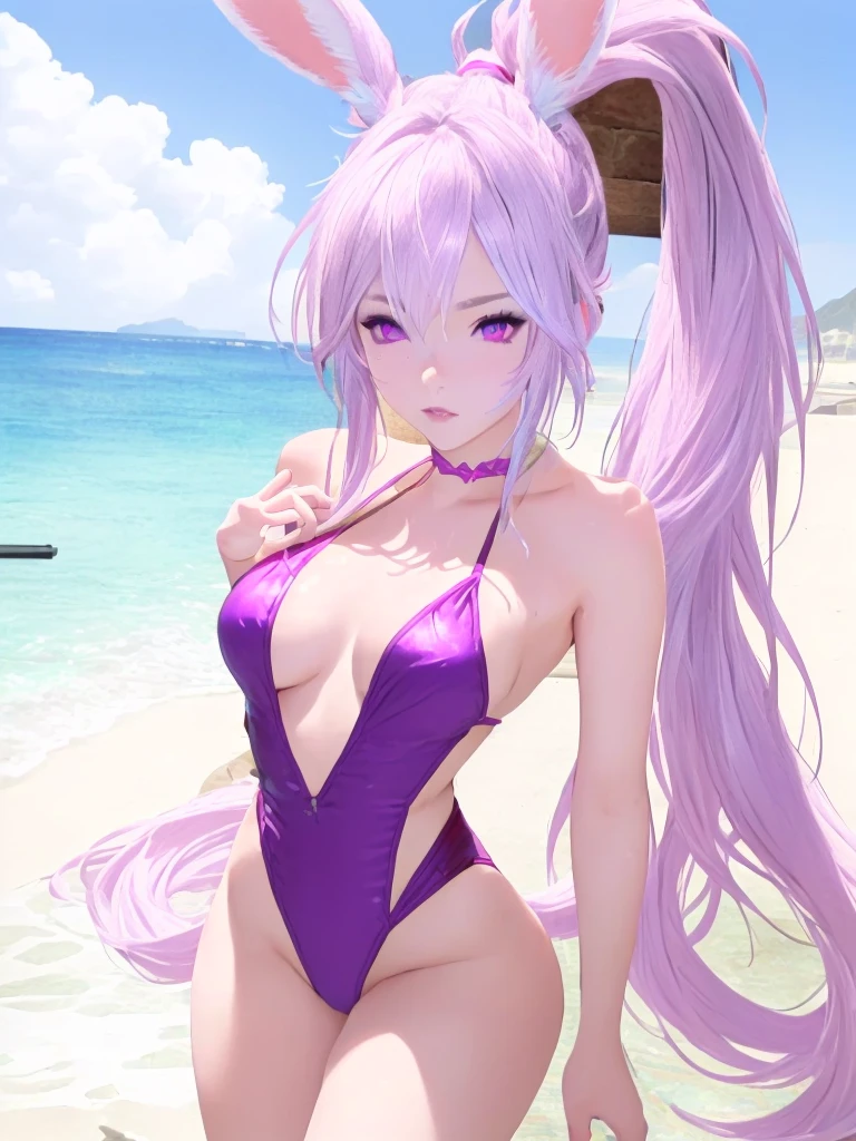 Sexy Rabbit Girl With Pink Ears Purple eyes Wearing a swimsuit with the body of a final fantasy 14 character, beautiful and sexy on a paradisic beach with a little ponytail and a strand of hair in her hair and white highlights, smaller eyes and also with black eye makeup that makes her look very beautiful