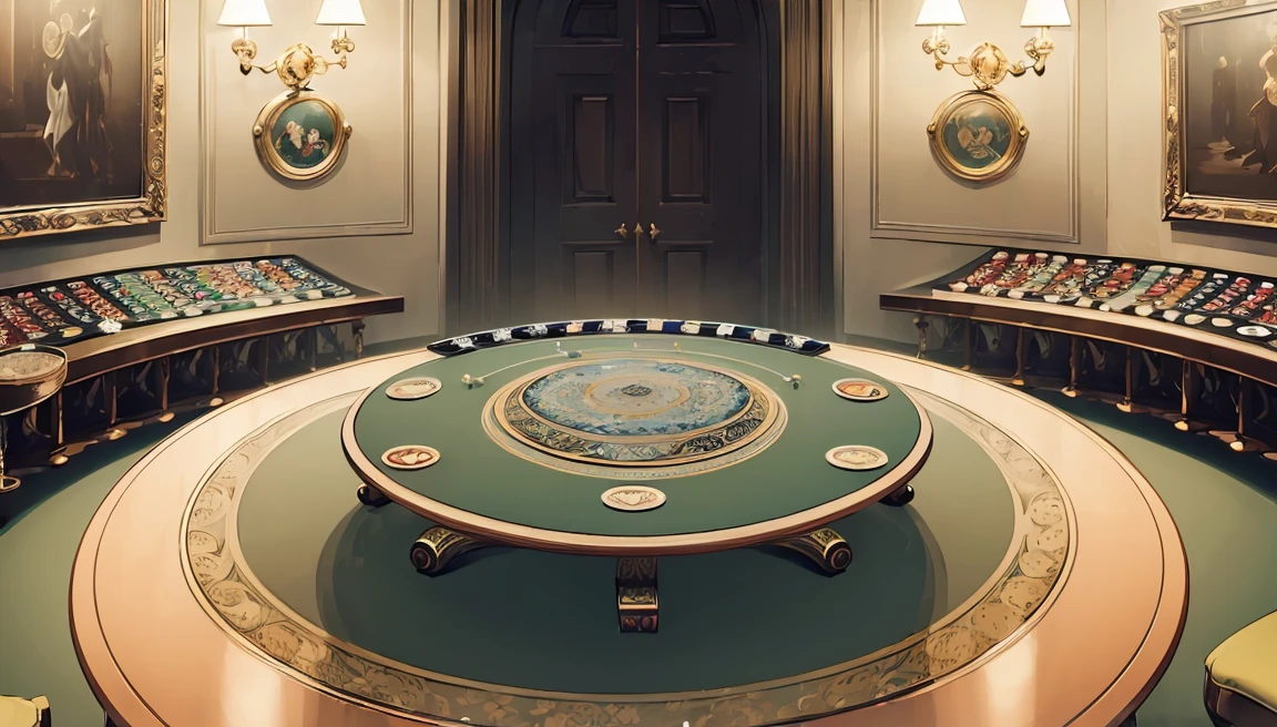 (masterpiece:1.5), (best quality:1.5), (extremely detailed:1.5), chic room, poker, (round table:1.8), beautiful chair, couch, fancy room