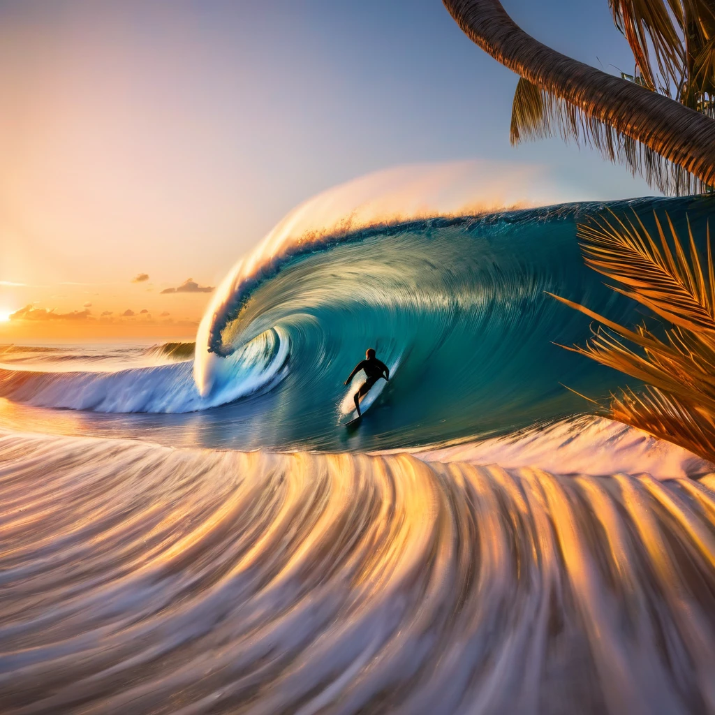 "A surfer is riding a large, tubular wave at sunset, on a paradisiacal beach. The scene shows the natural beauty around, with golden sands, coconut trees swaying in the wind and the crystal blue ocean that merges with the orange sunset sky. The main focus is the tubular wave, captured at the moment the surfer is inside the tube, but the surfer is not detailed in the foreground, keeping it more of a silhouette figure. The image conveys a feeling of freedom and serenity, with an emphasis on the raw beauty of nature."