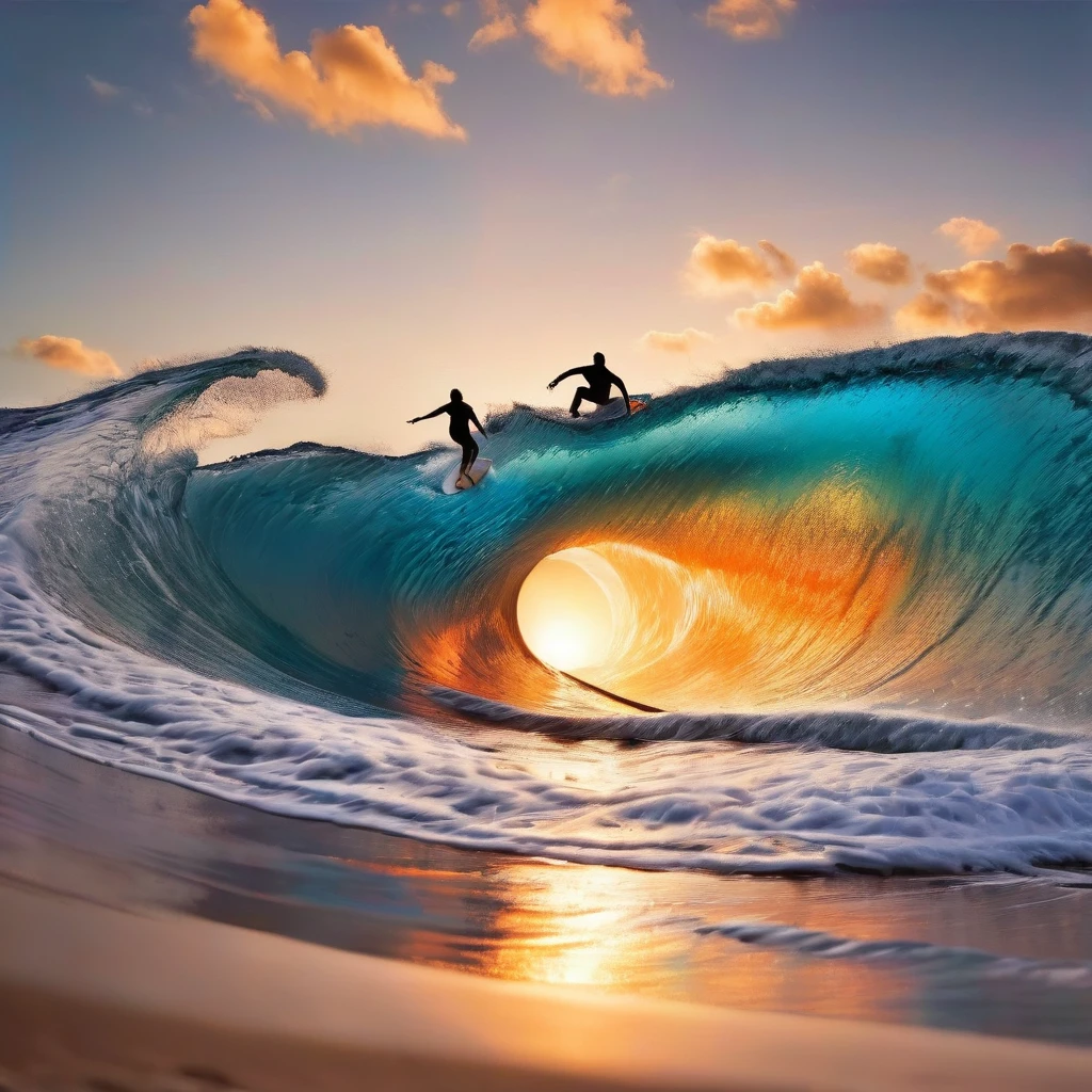 "A surfer is riding a large, tubular wave at sunset, on a paradisiacal beach. The scene shows the natural beauty around, with golden sands, coconut trees swaying in the wind and the crystal blue ocean that merges with the orange sunset sky. The main focus is the tubular wave, captured at the moment the surfer is inside the tube, but the surfer is not detailed in the foreground, keeping it more of a silhouette figure. The image conveys a feeling of freedom and serenity, with an emphasis on the raw beauty of nature."