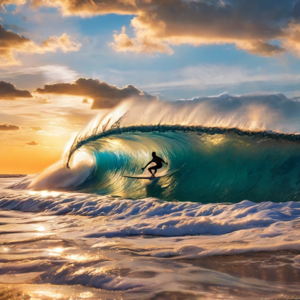 "A surfer is riding a large, tubular wave at sunset, on a paradisiacal beach. The scene shows the natural beauty around, with golden sands, coconut trees swaying in the wind and the crystal blue ocean that merges with the orange sunset sky. The main focus is the tubular wave, captured at the moment the surfer is inside the tube, but the surfer is not detailed in the foreground, keeping it more of a silhouette figure. The image conveys a feeling of freedom and serenity, with an emphasis on the raw beauty of nature."