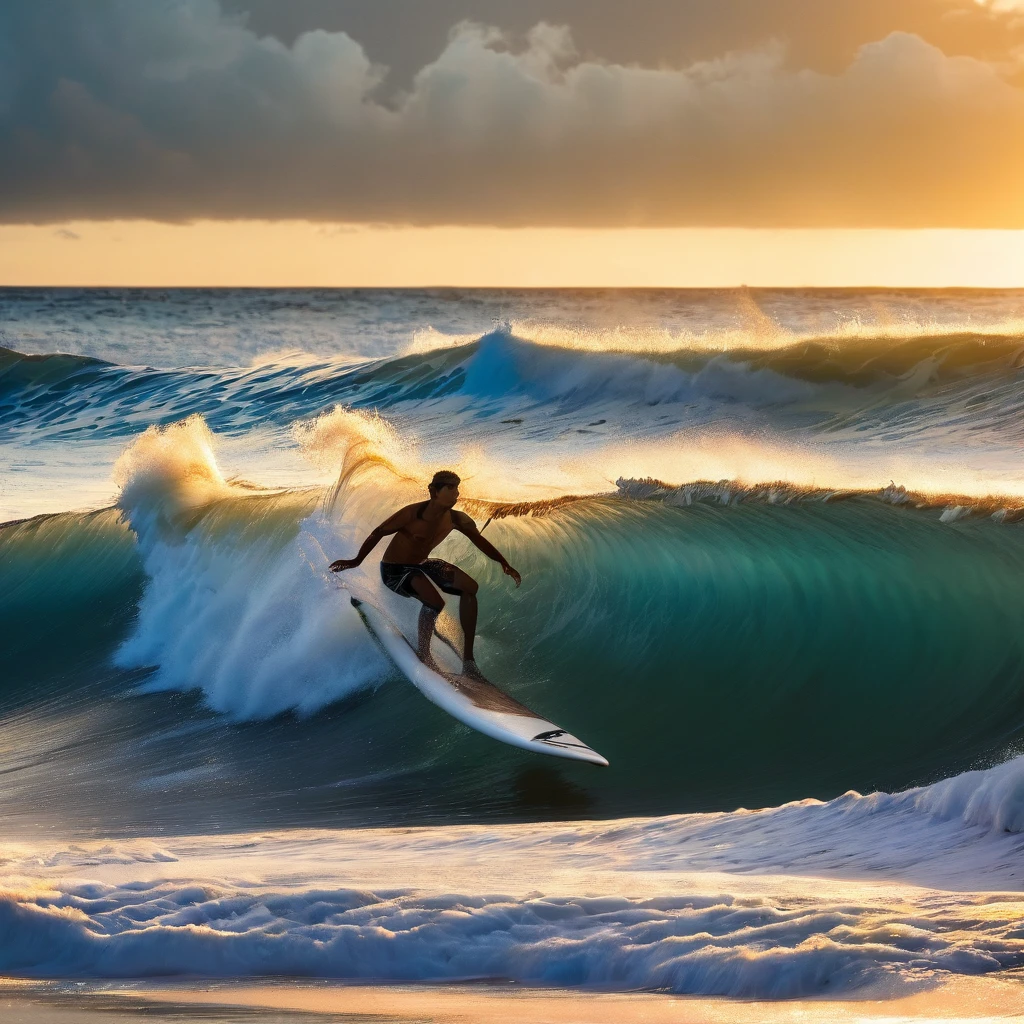 "A surfer is riding a large, tubular wave at sunset, on a paradisiacal beach. The scene shows the natural beauty around, with golden sands, coconut trees swaying in the wind and the crystal blue ocean that merges with the orange sunset sky. The main focus is the tubular wave, captured at the moment the surfer is inside the tube, but the surfer is not detailed in the foreground, keeping it more of a silhouette figure. The image conveys a feeling of freedom and serenity, with an emphasis on the raw beauty of nature."