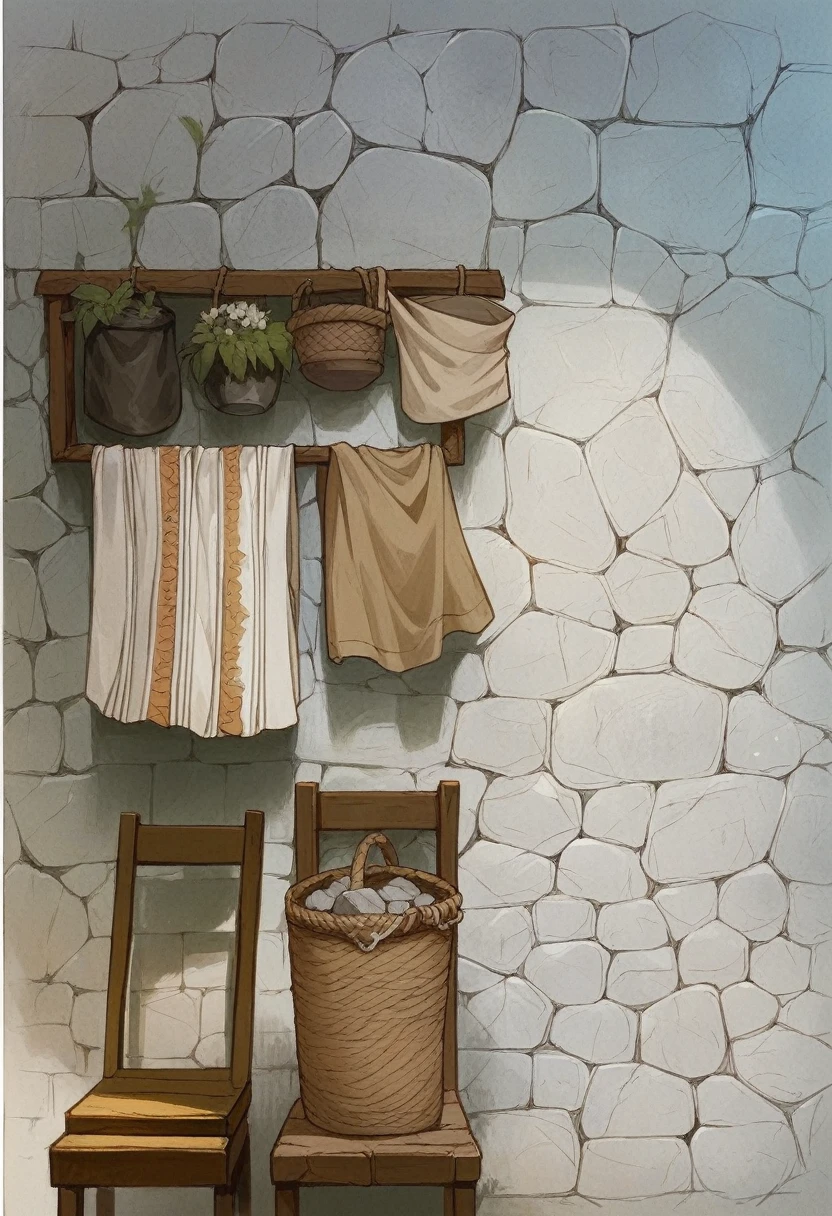 there is a chair and a basket on a wall, natural materials, rustic, materials white stone, cycladic! sculptural style, cottagecore hippie, gray stone wall, stone wall, fine texture, marble walls, stone walls, stone brick walls, vignette, cycladic sculptural style, home display, wabi sabi