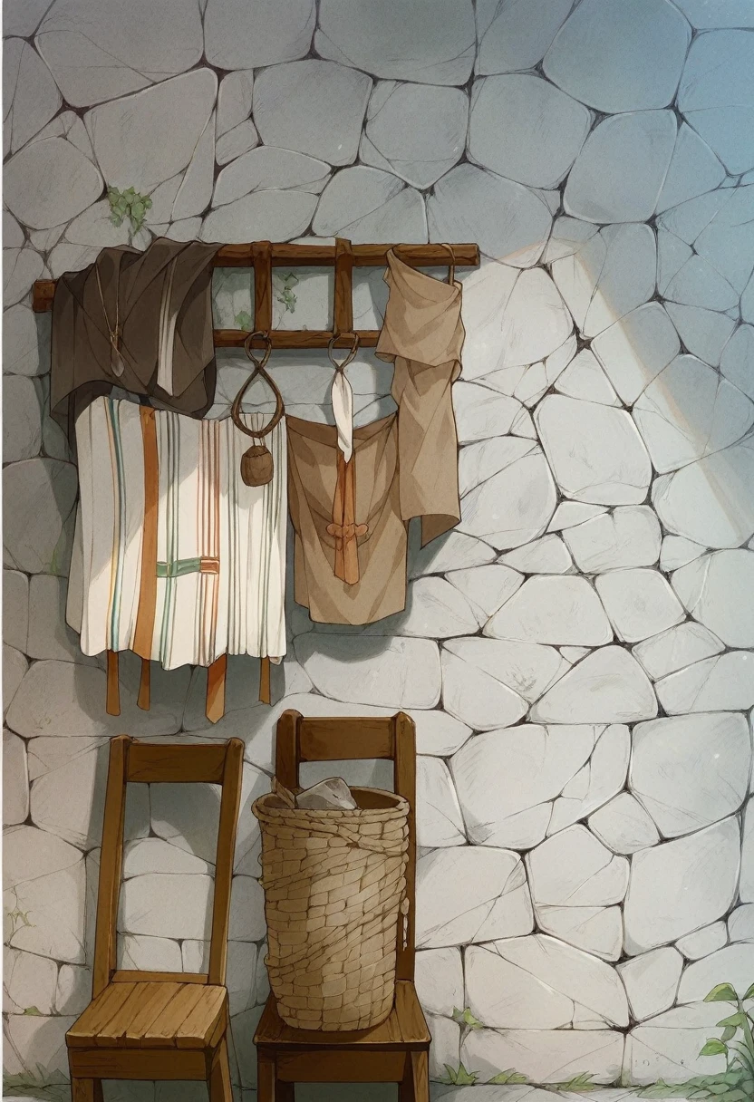 there is a chair and a basket on a wall, natural materials, rustic, materials white stone, cycladic! sculptural style, cottagecore hippie, gray stone wall, stone wall, fine texture, marble walls, stone walls, stone brick walls, vignette, cycladic sculptural style, home display, wabi sabi