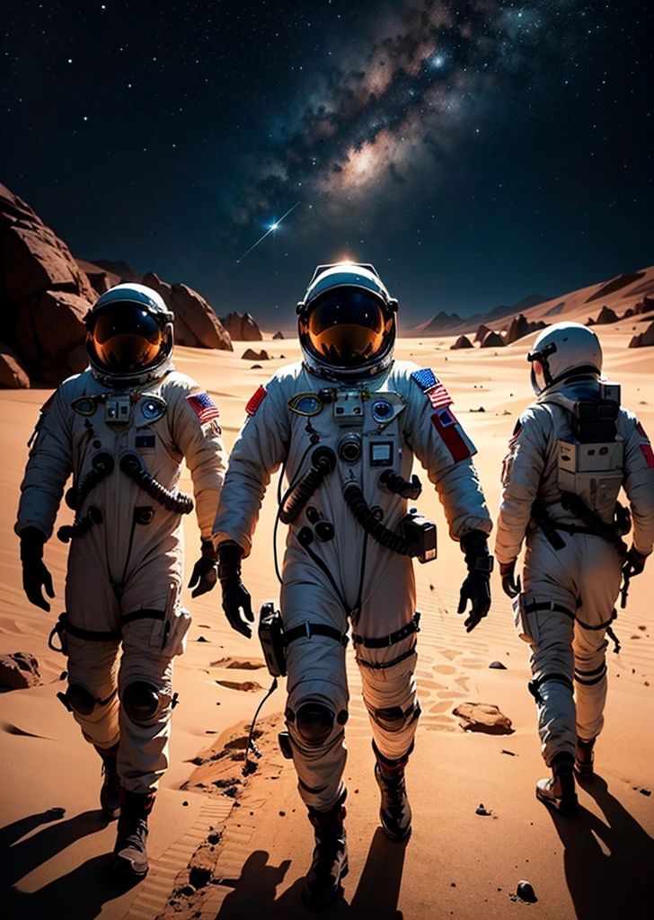Create a painting depicting three astronauts walking at night on Mars. The scene should have a rocky terrain, with the Martian landscape illuminated by the dim light of distant stars and the astronauts' headlamps. The sky is dark and filled with stars, and the reddish hue of Mars' surface contrasts with the cold, dark night. The astronauts' suits should have reflective details that catch the light, adding a sense of realism and depth to the scene