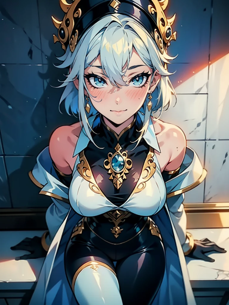 1girl, solo, leaning on white marble wall, sexy face, sexy, cute face, bangs, long hair, look away, shy, nose blush, concept art, freckles, lay light on the wall, passionate, medium breast, fit body, long waist, (thigh gap), wide shoulder, short hair, white hair, hair over one eye, open blue coat, brown gloves, black pants, earrings, seductive, enchanting, (biting lip), erotic