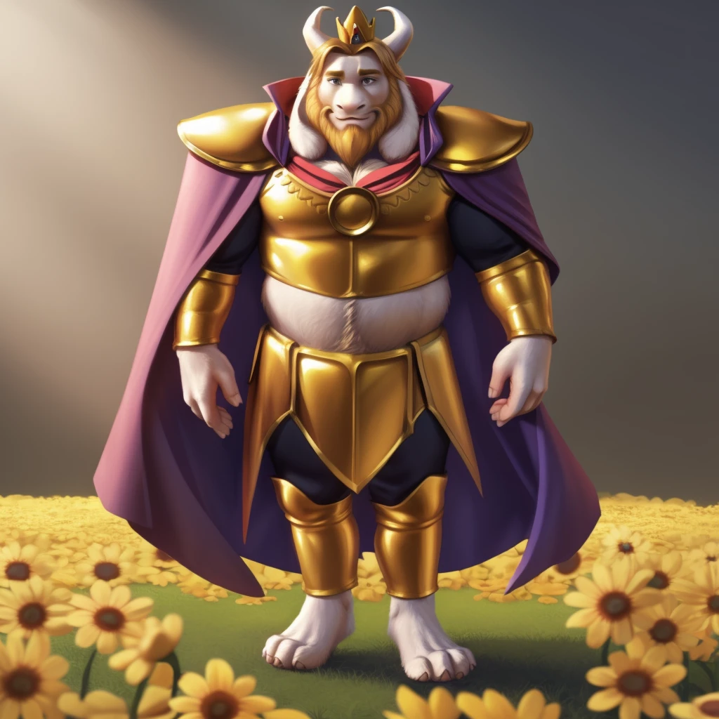 asgore, plump, bara, (pose:1.3), (posing:1.3), (soft shading), 4k, hi res, five fingers, detailed hands, ((detailed face, (detailed eyes:1.0), detailed)), (full body), by zackarry911, by zaush, (by personalami:0.5), standing, full body, male focus, cape, armor, no humans, crown, shoulder armor, flower field, flower,