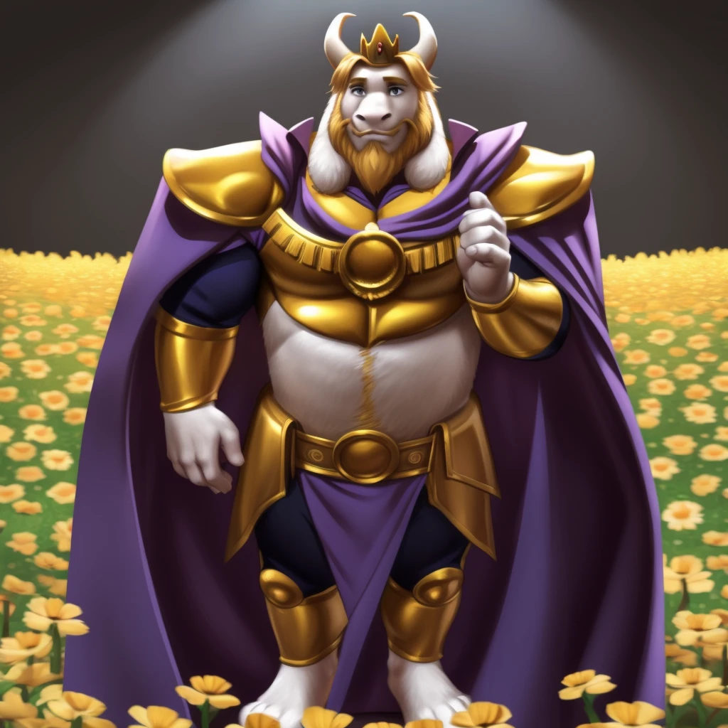 asgore, plump, bara, (pose:1.3), (posing:1.3), (soft shading), 4k, hi res, five fingers, detailed hands, ((detailed face, (detailed eyes:1.0), detailed)), (full body), by zackarry911, by zaush, (by personalami:0.5), standing, full body, male focus, cape, armor, no humans, crown, shoulder armor, flower field, flower,