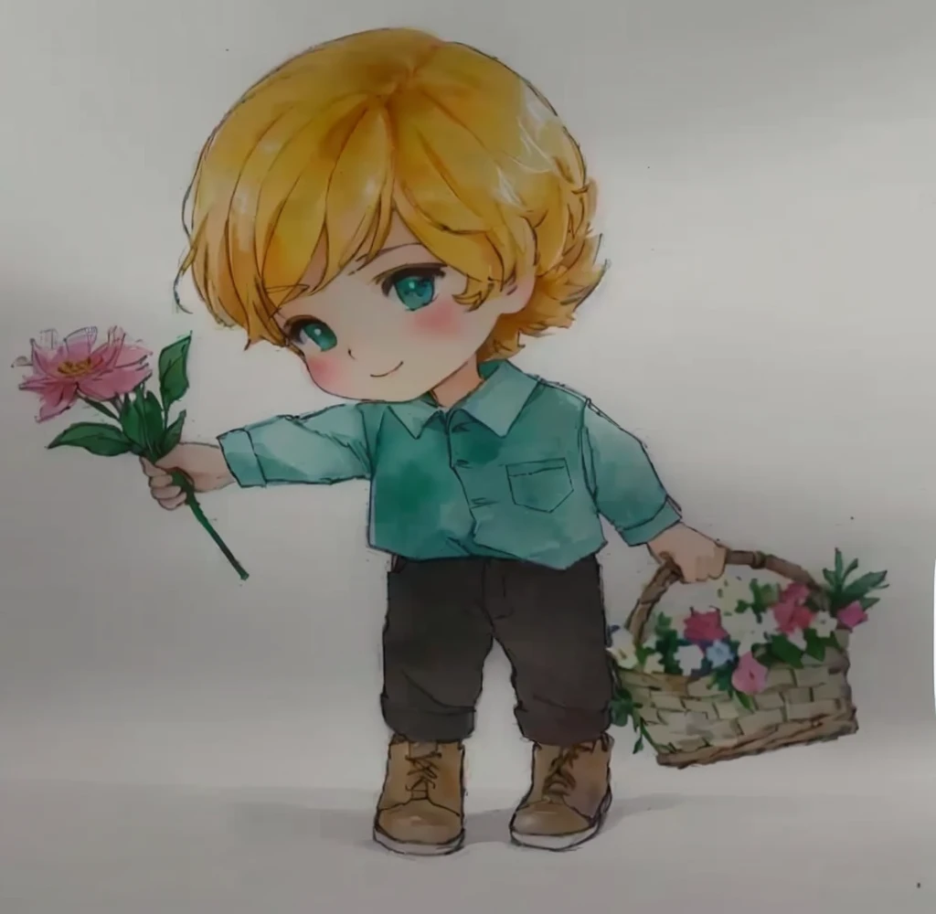 drawing of a boy holding a basket of flowers and a flower, the flower prince, official fanart, Holding flowers, Holding flowers mágicas, watercolor nendoroid, with flowers, carrying flowers, high quality fanart, full-length portrait of a short!, 🍁 cute, holding a flower, chibi art, spring day, picking up a flower, cute boy