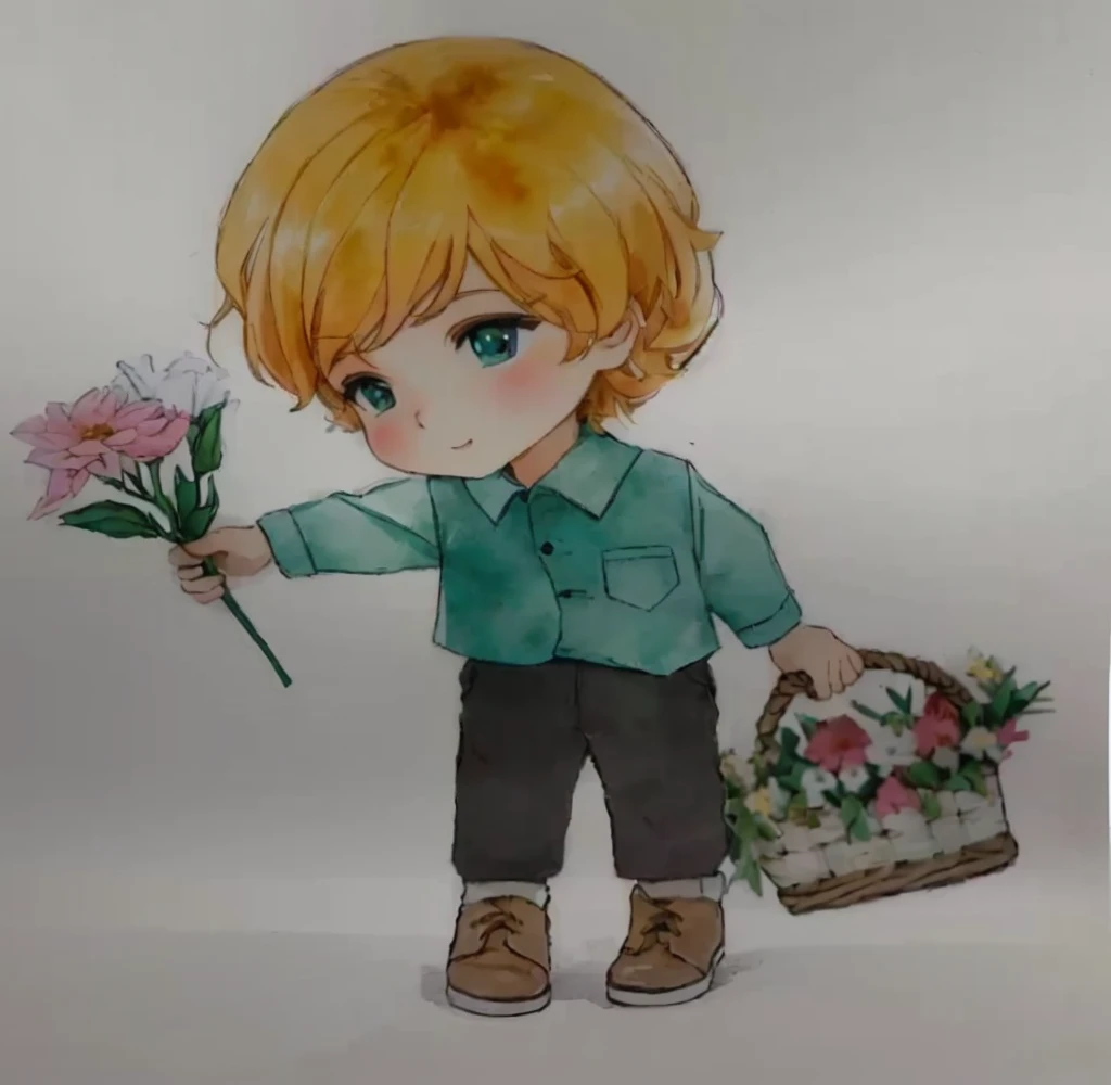 drawing of a boy holding a basket of flowers and a flower, the flower prince, official fanart, Holding flowers, Holding flowers mágicas, watercolor nendoroid, with flowers, carrying flowers, high quality fanart, full-length portrait of a short!, 🍁 cute, holding a flower, chibi art, spring day, picking up a flower, cute boy