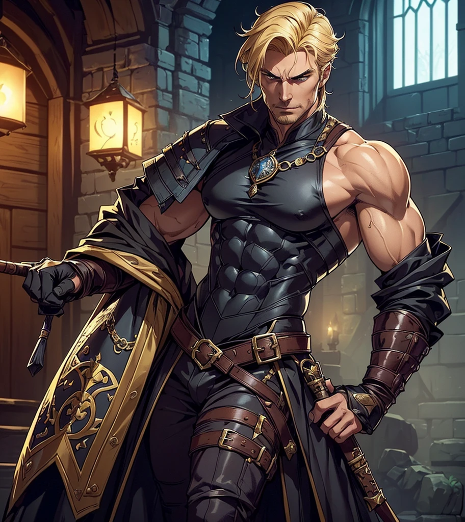 (((Solo character image.))) (((Generate a single character image.))) (((Dressed in medieval fantasy attire.))) (((Very sexy facial expression.))) Generate a male fantasy character who is a good looking, handsome criminal. He is a shifty and suspicious individual who is untrustworthy and somewhat sinister. But he is a confidence trickster. Shoulder-length blond hair. He looks like a dangerous man. Handsome. Intense stare. He looks like a very sexy male villain for a fantasy setting. (((Sexually attractive.))) (((Looks like a sexy, muscular male model for a fantasy setting.)))