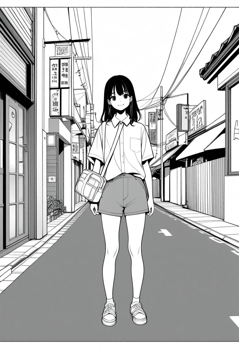 ​masterpiece, best quality, 1girl, jyt:4, grayscale, style: manga, japanese, chi no wadachi, black eyes, street, iced, black hair, schoolbag, smile, lineart, white background, white shirt, grey shorts,
