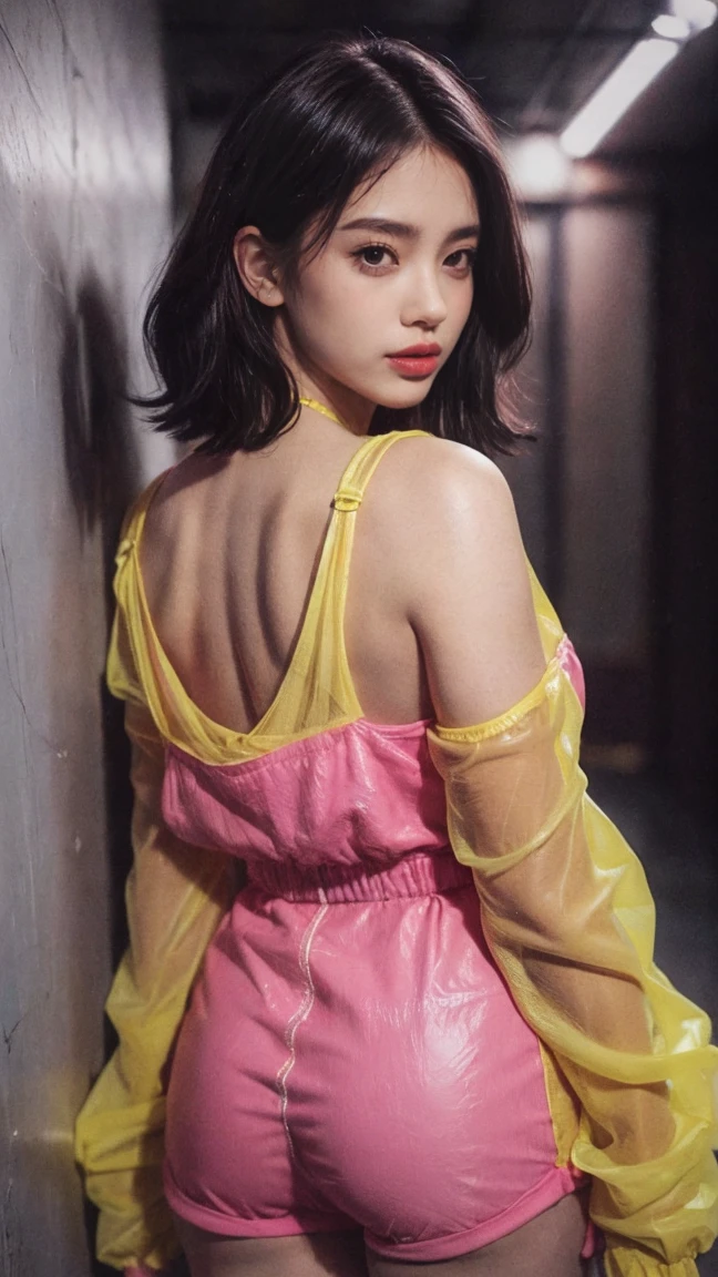 21yo girl, black bob hairstyles background. (wearing yellow Translucency raincoat), wearing hot pants, cleavage, plump body, hands on the wall, back to back, face forward. Dark background. Voncrete background. Magenta Polaroid. Retro. Flash light
