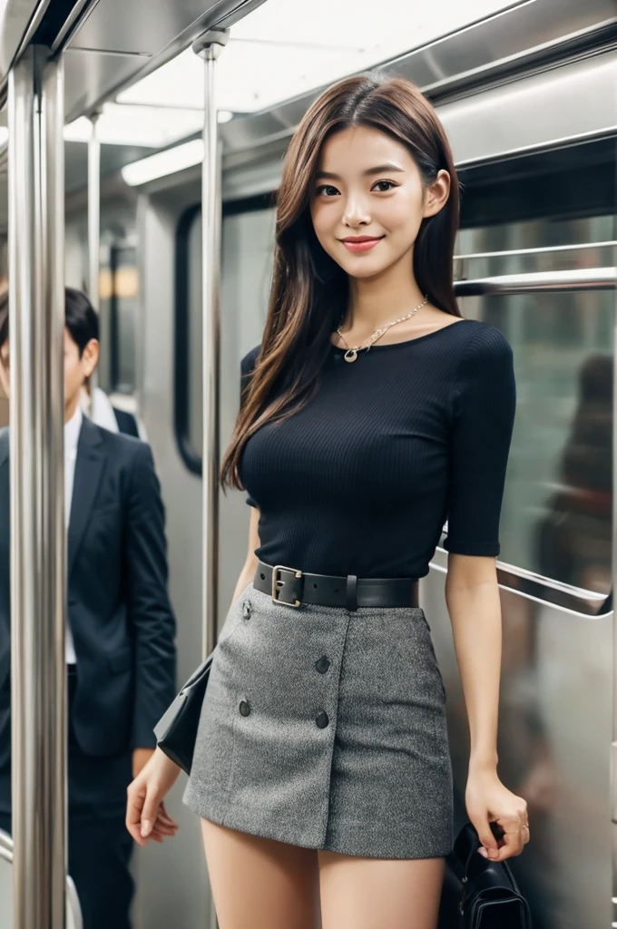 A packed train in tokyo, office ladies commuting to work, suits, people standing so close together that their bodies are touching, ((full body)), ((photo)), ((best qualtiy, 8K, tmasterpiece:1.3)), Focus:1.2, perfect figure beautiful girl:1.4, 1girl, cowboy shot, look at viewer, incredibly absurd, beautiful and cute girl with a photorealistic face, showcasing top-quality craftsmanship, A Japanese woman looking cramped on a crowded train, 20 years old, long dark brown hair that falls to her shoulders, long shiny hair, with bangs, side parted hairstyle, brown eyes, round face, small nose, cherry red lips, bright smile, white teeth, smooth skin, healthy complexion, small ears, natural eyebrows, long eyelashes, slim, well-balanced proportions, moderate muscle, slim waist, round hips, supple limbs, short nails, beautiful C cup breasts, white blouse, black tight skirt, heeled pumps, silver necklace and bracelet, black belt, pretty older woman, beautiful, neat, soothing, cute voice, polite, kind-hearted, responsible, positive, optimistic, sociable, good communication skills, April