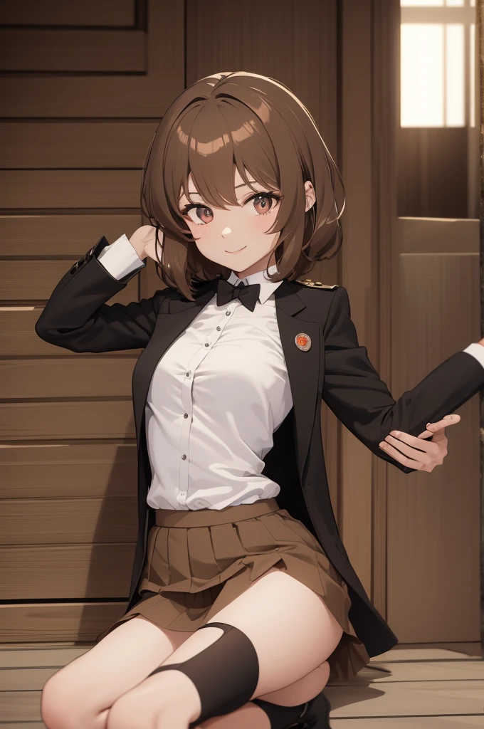 masterpiece，best quality，8k Illustration，Haibara Ai，Aoyama Gangsho style，Smooth lines，best quality，The finest details，Actress，Medium shot，The best background，Best quality，The brightest smile，Ultra Detailed，Best Illustration，The best shadow，Solitary，Uniforms, Black jacket，Light pink shirt inside, (jk brown skirt:1.2), Black knee socks, Looking at the audience, Put your hands behind your back，Small ，The best costumes，The most beautiful proportion，#11: Short Wavy Brown Hair，Brown hair with natural sheen，Deep and bright blue eyes，It seems to be able to  people's hearts，Smile brightly，Send out positive emotions，Delicate skin，The texture is clearly visible，Lively expressions，As if about to jump out of the screen，Stylish looks，Exudes a sense of modernity，Dreamy atmosphere，Warm tones，Artistic and cartoonish，simple design，Lively，The character's smile and overall demeanor give off a friendly and approachable impression，Flowing hair，