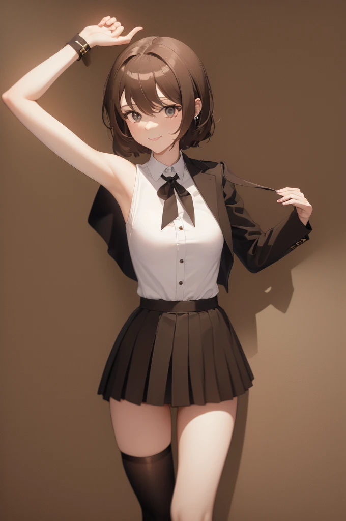 masterpiece,best quality,8k Illustration,Haibara Ai,Aoyama Gangsho style,Smooth lines,best quality,The finest details,Actress,Medium shot,The best background,Best quality,The brightest smile,Ultra Detailed,Best Illustration,The best shadow,Solitary,Uniforms, Black jacket,Light pink shirt inside, (jk brown skirt:1.2), Black knee socks, Looking at the audience, Put your hands behind your back,Small Breasts,The best costumes,The most beautiful proportion,#11: Short Wavy Brown Hair,Brown hair with natural sheen,Deep and bright blue eyes,It seems to be able to see through people's hearts,Smile brightly,Send out positive emotions,Delicate skin,The texture is clearly visible,Lively expressions,As if about to jump out of the screen,Stylish looks,Exudes a sense of modernity,Dreamy atmosphere,Warm tones,Artistic and cartoonish,simple design,Lively,The character's smile and overall demeanor give off a friendly and approachable impression,Flowing hair,