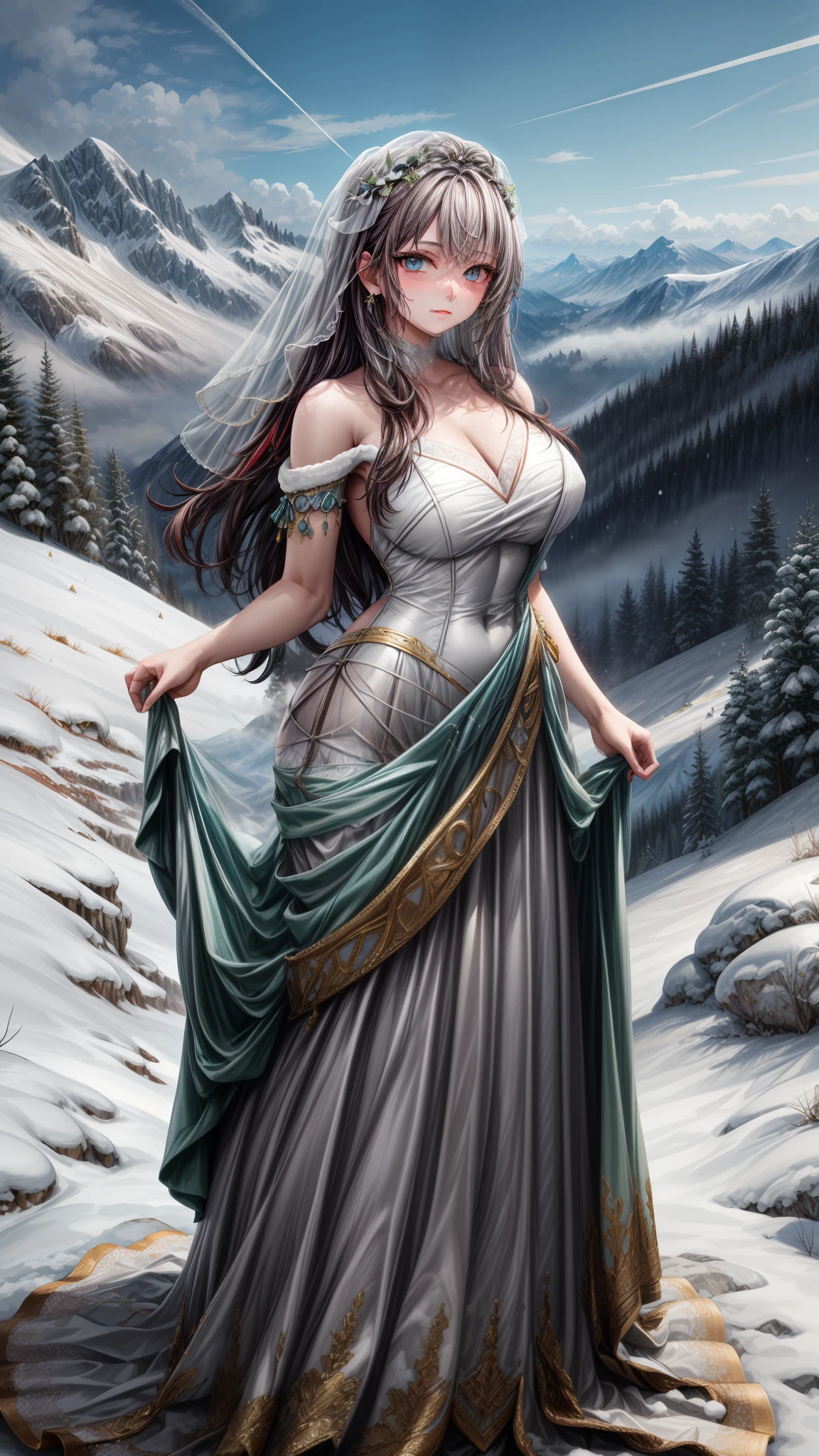 

(1 girl), (Masterpiece), (Best Quality), ((looking at the viewer)), ((whole body)),((in front of the viewer)), ((dress that highlights your figure)), ((by white)), ((beautiful wedding dress))

In a serene alpine setting, on top of a snow covered mountain, a young woman stands gracefully. Their hair, as pure and white as freshly fallen snow, cascades down her shoulders in soft waves. His eyes, a striking shade of blue reminiscent of deep sapphires, reflect the clear, cool sky above. She is adorned with an elegant, Flowing white dress that flutters slightly in the mountain breeze., accentuating her slender figure. The morning sun bathes her in a soft, golden glitter, highlighting the delicate features of your face: a serene expression that reflects the tranquility of its surroundings.. Your gaze is fixed on the panoramic view of steep valleys and distant peaks., a scene painted with pristine snow and lush greenery under the vast, immaculate sky.