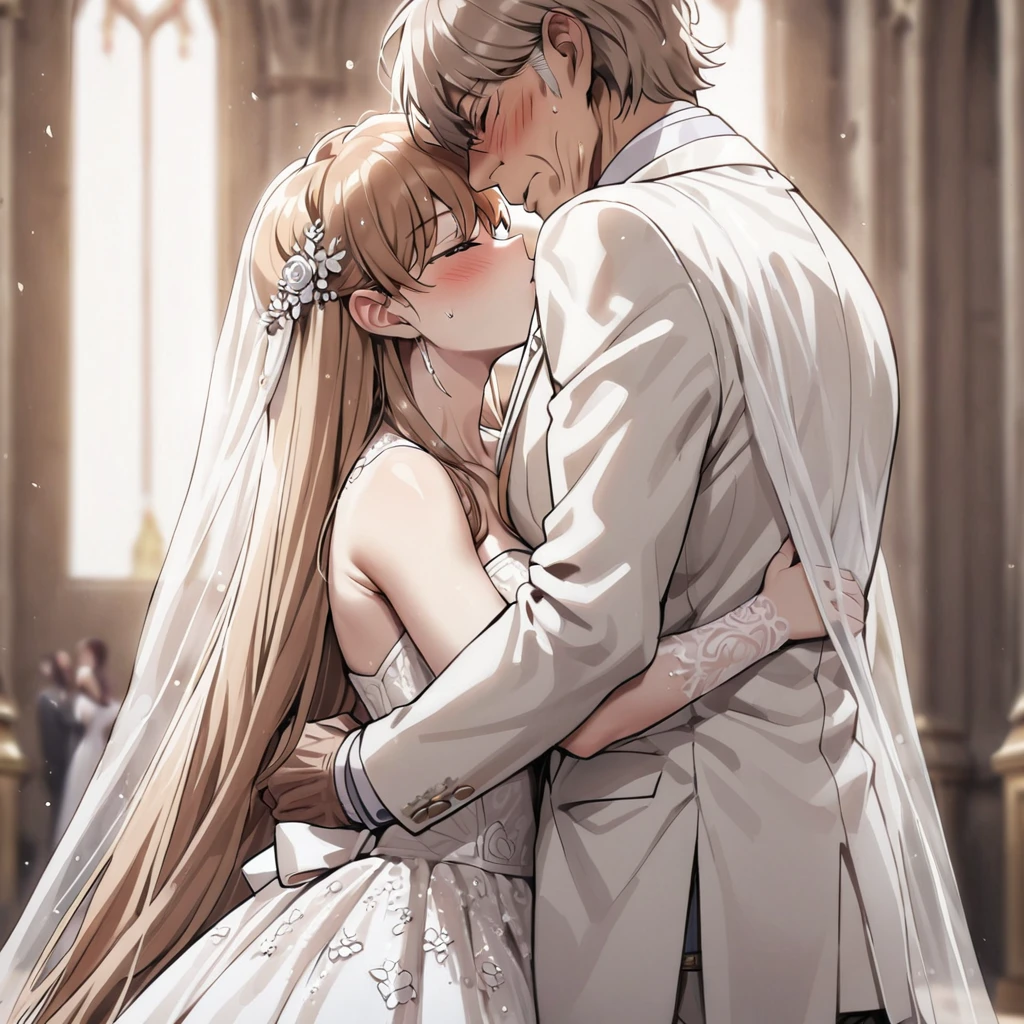 ((Highest quality)), ((masterpiece)), (detailed), (Perfect Face)、The woman was Princess Leona, with long light brown hair and a gorgeous, glittering wedding dress and wedding veil.、In a luxurious church wedding hall, a woman is embracing an elderly man in a white tuxedo and kissing him in a wedding ceremony.、The woman has long hair