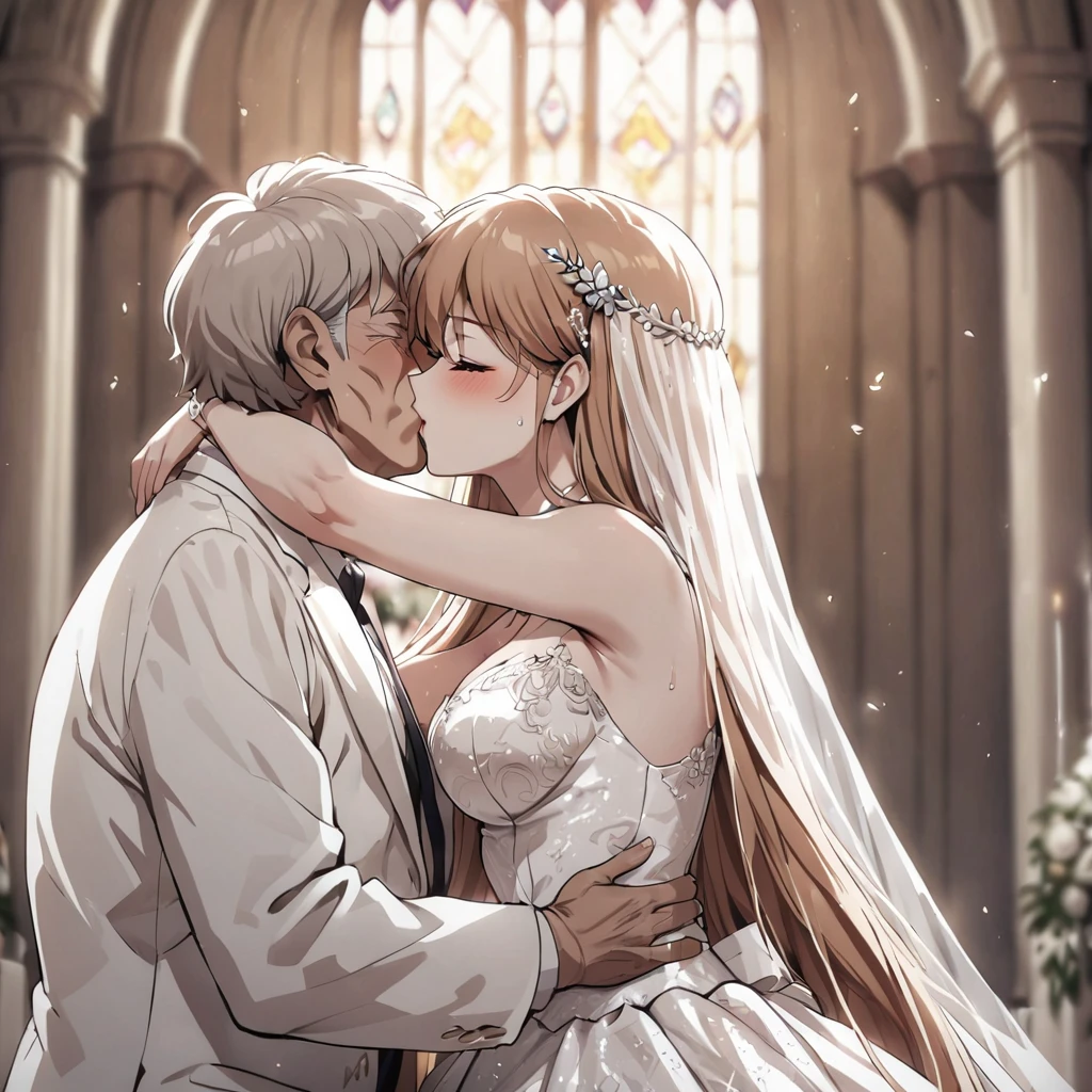 ((Highest quality)), ((masterpiece)), (detailed), (Perfect Face)、The woman was Princess Leona, with long light brown hair and a gorgeous, glittering wedding dress and wedding veil.、In a luxurious church wedding hall, a woman is embracing an elderly man in a white tuxedo and kissing him in a wedding ceremony.、The woman has long hair