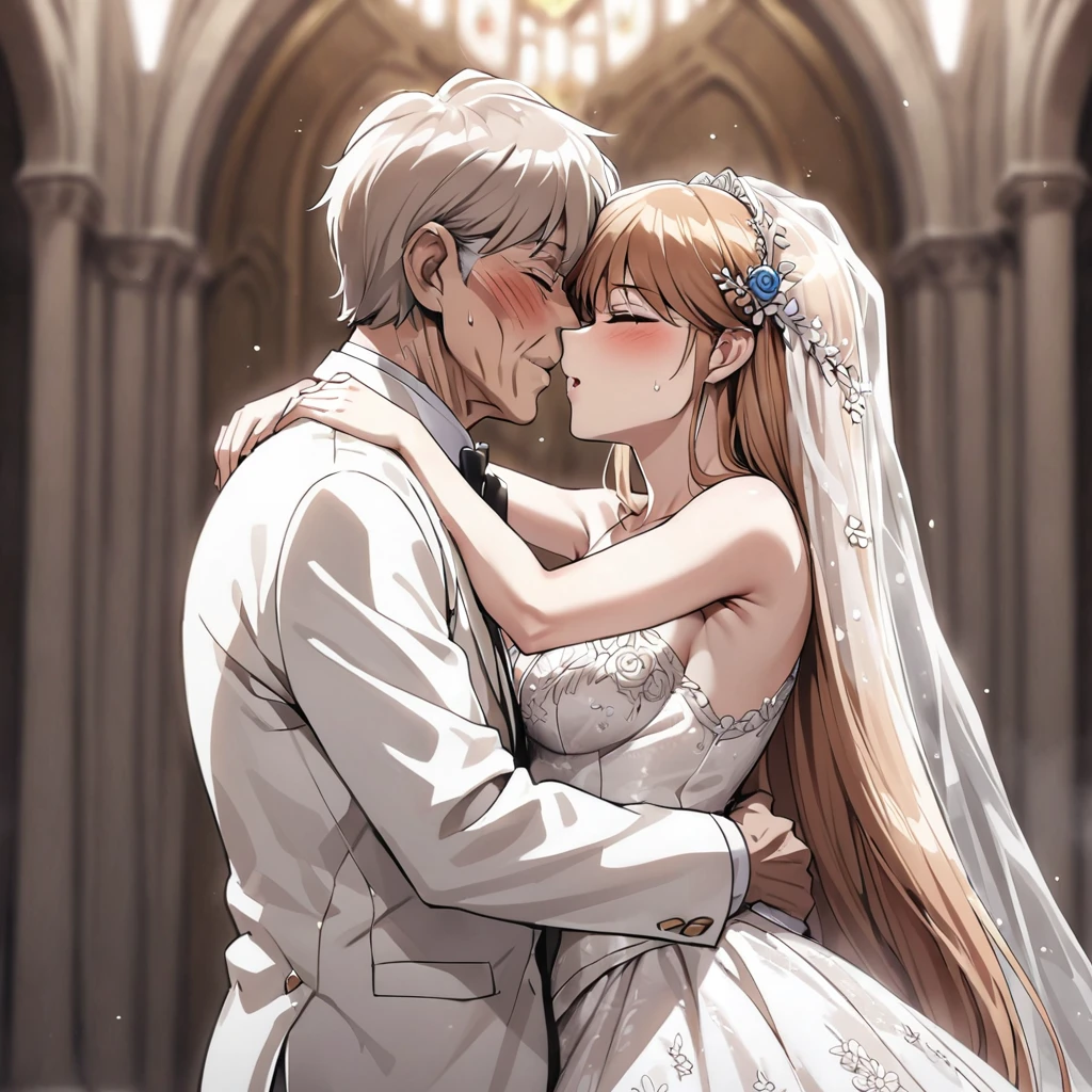((Highest quality)), ((masterpiece)), (detailed), （Perfect Face）、The woman was Princess Leona, with long light brown hair and a gorgeous, glittering wedding dress and wedding veil.、In a luxurious church wedding hall, a woman is embracing an elderly man in a white tuxedo and kissing him in a wedding ceremony.、The woman has long hair