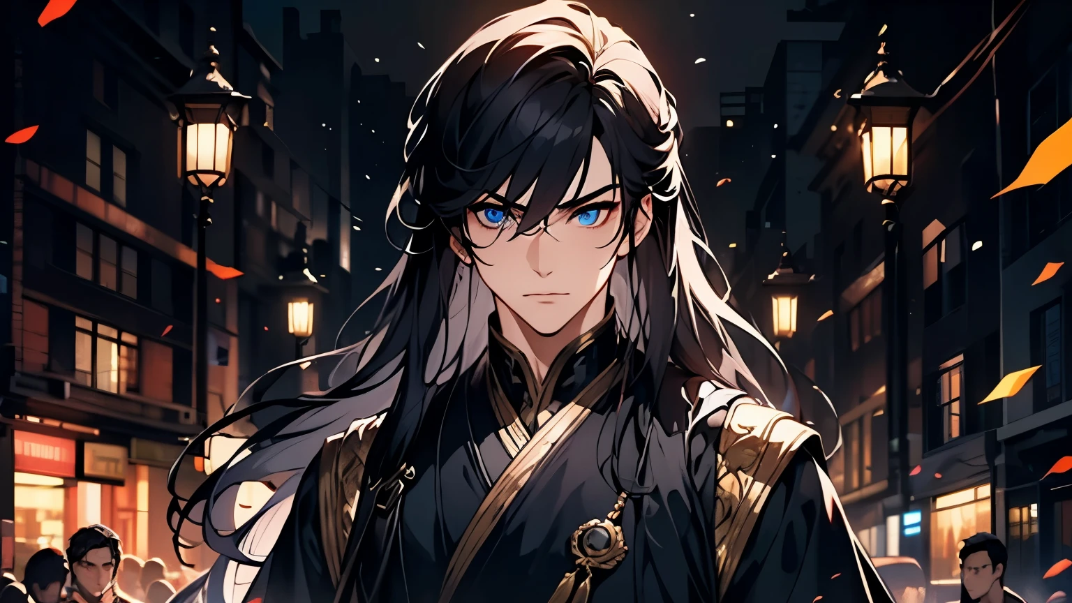 A man alone，Correct proportions，Facial details，Black robe，Clothing details，transfer，Long sleeve，Game quality，fencing，Ray Tracing，Ray Tracing，Delicate glow，CG Rendering，Hair details，Black long hair，blue eyes，Handsome，Handsome，（The feeling of youth），The costumes are complicated，Perfect composition，Refinement，high quality，More details，Lots of details，Complex background，Sense of atmosphere，