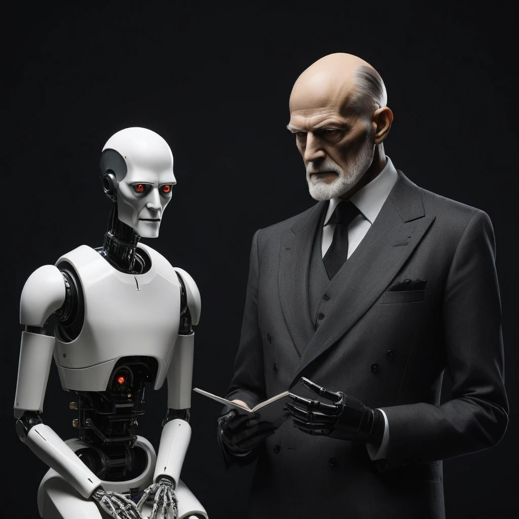 Futuristic minimalist singularity, simple dark background, duality, human Sigmund Freud and a thinking robot.