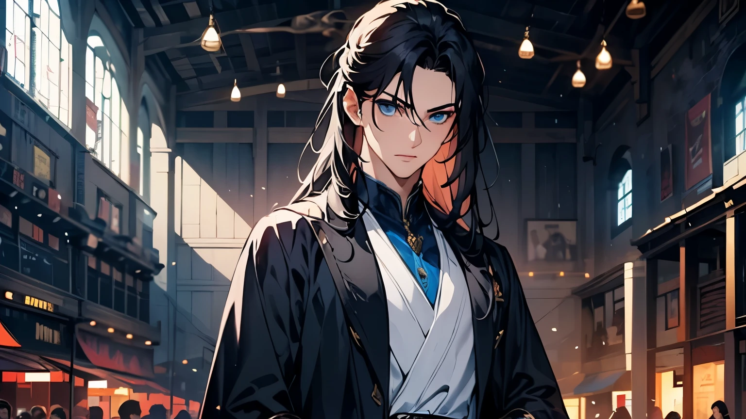 A man alone,Correct proportions,Facial details,Black robe,Clothing details,transfer,Long sleeve,Game quality,fencing,Ray Tracing,Ray Tracing,Delicate glow,CG Rendering,Hair details,Black long hair,blue eyes,Handsome,Handsome,(The feeling of youth),The costumes are complicated,Perfect composition,Refinement,high quality,More details,Lots of details,Complex background,Sense of atmosphere,