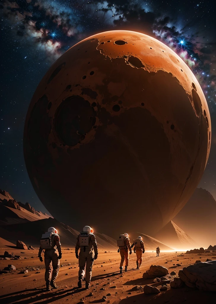 Create a painting depicting three astronauts walking at night on Mars. The scene should have a rocky terrain, with the Martian landscape illuminated by the dim light of distant stars and the astronauts' headlamps. The sky is dark and filled with stars, and the reddish hue of Mars' surface contrasts with the cold, dark night. The astronauts' suits should have reflective details that catch the light, adding a sense of realism and depth to the scene