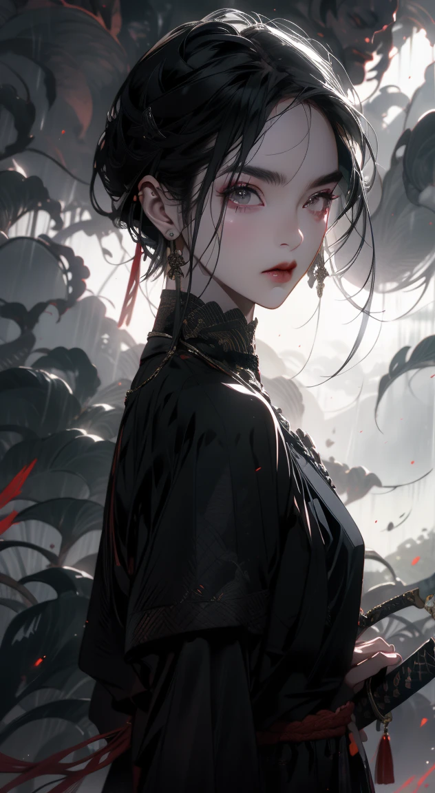 samurai girl, 1 girl, beautiful detailed eyes, beautiful detailed lips, extremely detailed face and eyes, long eyelashes, samurai armor, ((two japanese swords)), rural rice field road, rolling hills, cloudy sky, detailed environment, dramatic lighting, cinematic lighting, dramatic shadows, highly detailed, 8k, photorealistic, hyper detailed, masterpiece, vibrant colors, atmospheric, intricate details