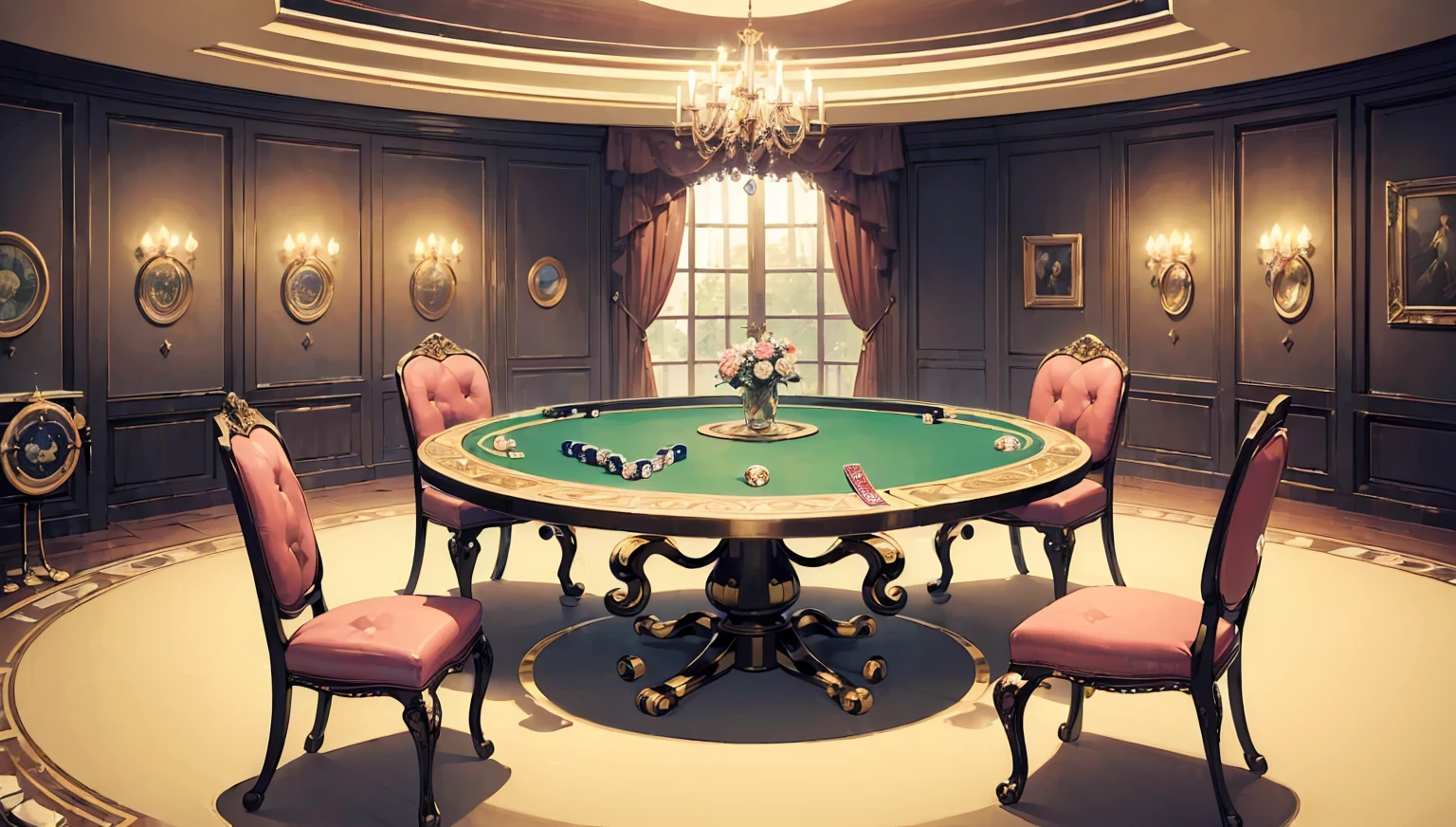 (masterpiece:1.5), (best quality:1.5), (extremely detailed:1.5), chic room, poker, (round table:1.8), beautiful chair, couch, fancy room