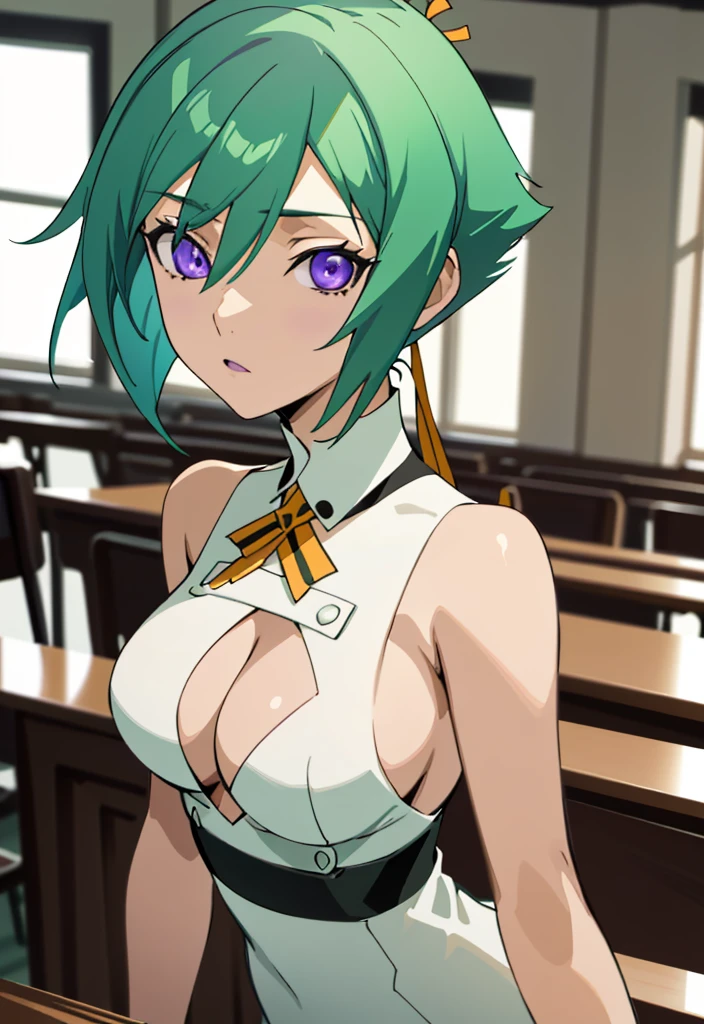 best quality, masterpiece, absurdres, portrait, close-up, zessica wong, green hair, short hair, hair ribbon, purple eyes, large breasts, revealing clothes, clothing cutout, cleavage cutout, sleevless, ascot, looking at viewer
indoors, school, classroom,