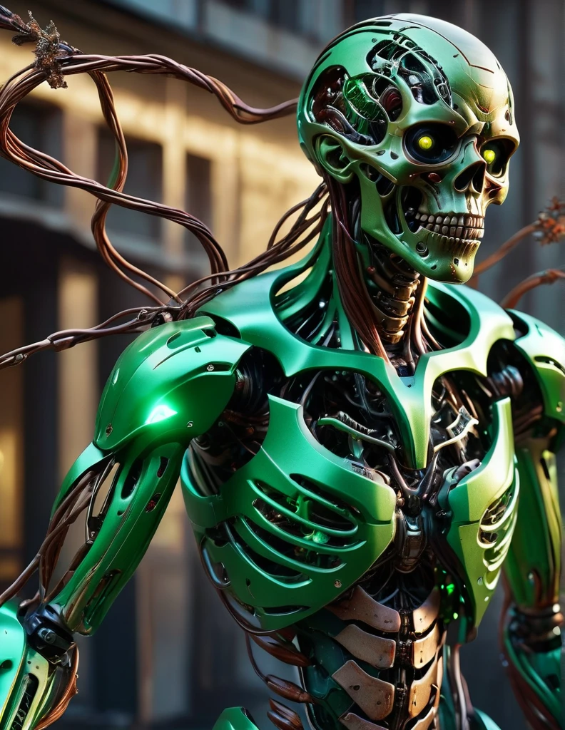 Complex 3d rendering ultra-detailed zombie , biomechanical robot, simulated 150mm shot, beautiful natural soft edge light, crystal , roots, delicate lace, colorful details, intricate details, mesh threads, mandelbro fractals, body muscles, cable wires, microchips, badasses, surreal, ultra-detailed, octane rendering, volumetric lighting, 8k post-production, green and brown color , metallic skeleton details, zombie , futuristic zombie , power of zombie , Techwear, guns, half zombie half humanoid, ruined building, 