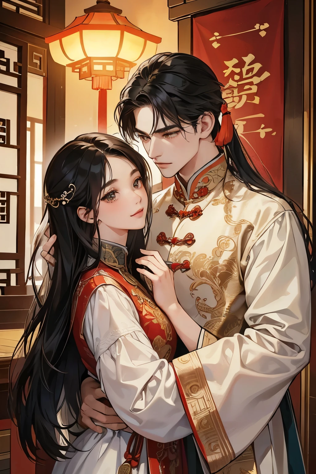 (Ultra-detailed, romantic atmosphere, best quality, ancient Chinese setting)
1.2 Male and Female, both adorned in traditional Chinese clothing, facing each other in a tender embrace. The background showcases an intricately designed Chinese-style house, with a romantic ambiance painting the scene. Detailed woodwork, delicate patterns, and time-honored architecture are all components of the detailed background. An exquisite piece of art evoking the essence of ancient Chinese novels and their timeless romance.