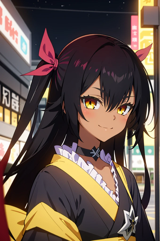 best quality, masterpiece, portrait, 1girl, aster nemesis, dark-skinned female, black hair, very long hair, yellow eyes, flat chest	kimono, obi, ribbon, twin tails, looking at viewer, outdoors, city, night, smile, 
