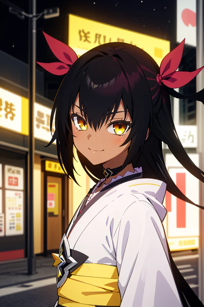 best quality, masterpiece, portrait, 1girl, aster nemesis, dark-skinned female, black hair, very long hair, yellow eyes, flat chest	kimono, obi, ribbon, twin tails, looking at viewer, outdoors, city, night, smile, 
