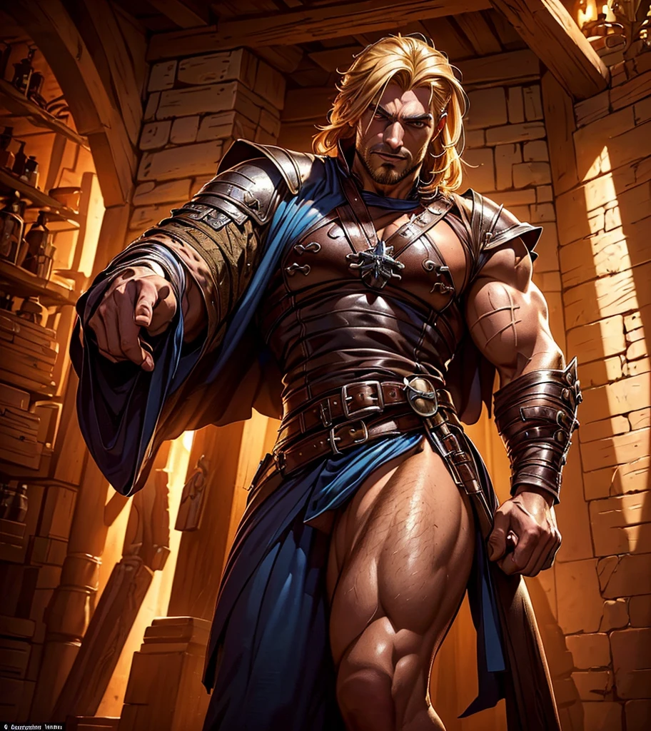 (((Solo character image.))) (((Generate a single character image.))) (((Dressed in medieval fantasy attire.))) (((Very sexy facial expression.))) Generate a male fantasy character who is a good looking, handsome criminal. He is a shifty and suspicious individual who is untrustworthy and somewhat sinister. But he is a confidence trickster. Shoulder-length blond hair. He looks like a dangerous man. Handsome. Intense stare. He looks like a very sexy male villain for a fantasy setting. (((Sexually attractive.))) (((Looks like a sexy, muscular male model for a fantasy setting.)))