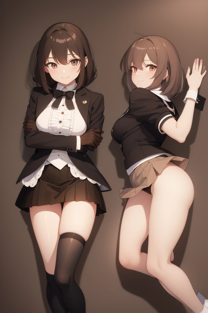 masterpiece,best quality,8k Illustration,Haibara Ai,Aoyama Gangsho style,Smooth lines,best quality,The finest details,Actress,Medium shot,The best background,Best quality,The brightest smile,Ultra Detailed,Best Illustration,The best shadow,Solitary,Uniforms, Black jacket,Light pink shirt inside, (jk brown skirt:1.2), Black knee socks, Looking at the audience, Put your hands behind your back,Small Breasts,The best costumes,The most beautiful proportion,#11: Short Wavy Brown Hair,Brown hair with natural sheen,Deep and bright blue eyes,It seems to be able to see through people's hearts,Smile brightly,Send out positive emotions,Delicate skin,The texture is clearly visible,Lively expressions,As if about to jump out of the screen,Stylish looks,Exudes a sense of modernity,Dreamy atmosphere,Warm tones,Artistic and cartoonish,simple design,Lively,The character's smile and overall demeanor give off a friendly and approachable impression,Flowing hair,