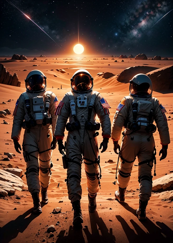 Create a painting depicting three astronauts walking at night on Mars. The scene should have a rocky terrain, with the Martian landscape illuminated by the dim light of distant stars and the astronauts' headlamps. The sky is dark and filled with stars, and the reddish hue of Mars' surface contrasts with the cold, dark night. The astronauts' suits should have reflective details that catch the light, adding a sense of realism and depth to the scene