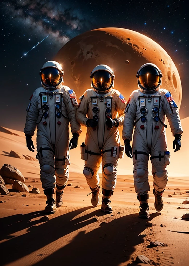Create a painting depicting three astronauts walking at night on Mars. The scene should have a rocky terrain, with the Martian landscape illuminated by the dim light of distant stars and the astronauts' headlamps. The sky is dark and filled with stars, and the reddish hue of Mars' surface contrasts with the cold, dark night. The astronauts' suits should have reflective details that catch the light, adding a sense of realism and depth to the scene